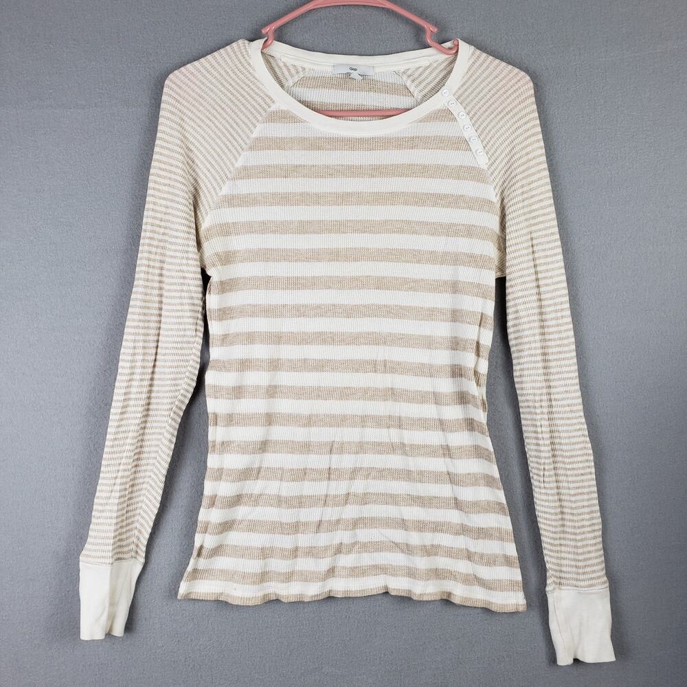 GAP Womens Size M Long Sleeve Waffle Knit Henley Crean Tan Stripe Bella Swan Y2K